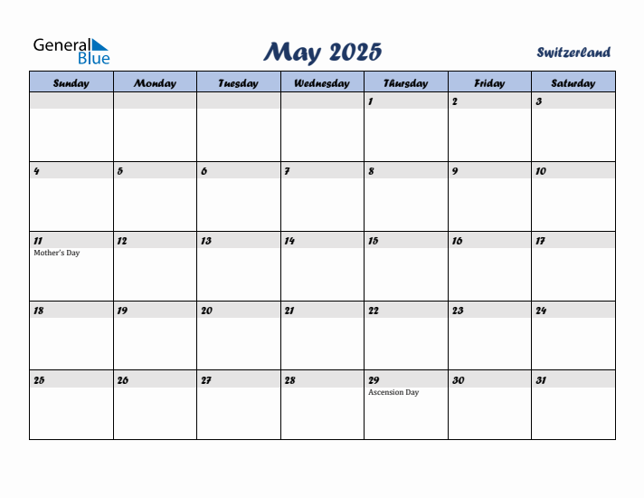 May 2025 Calendar with Holidays in Switzerland