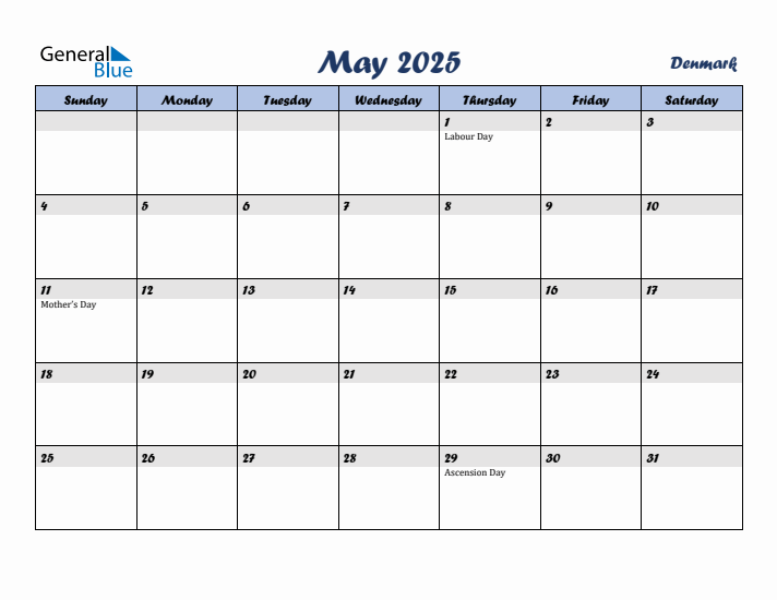 May 2025 Calendar with Holidays in Denmark