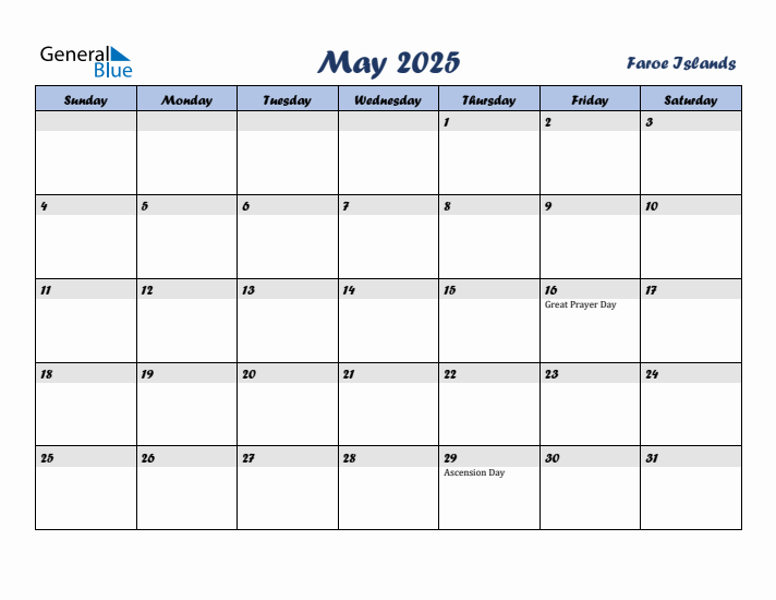 May 2025 Calendar with Holidays in Faroe Islands