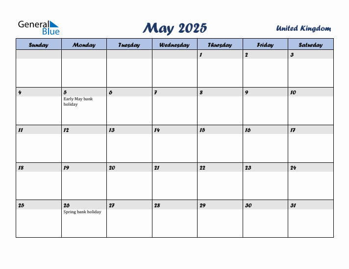 May 2025 Calendar with Holidays in United Kingdom
