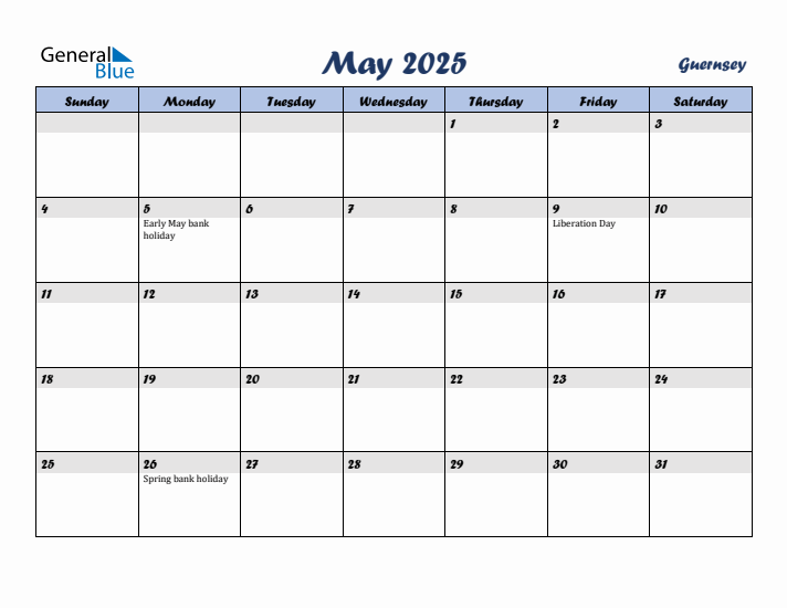 May 2025 Calendar with Holidays in Guernsey