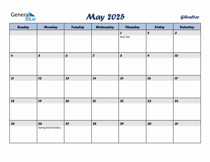 May 2025 Calendar with Holidays in Gibraltar