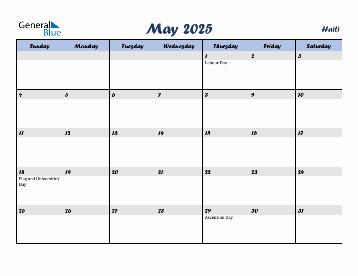 May 2025 Calendar with Holidays in Haiti