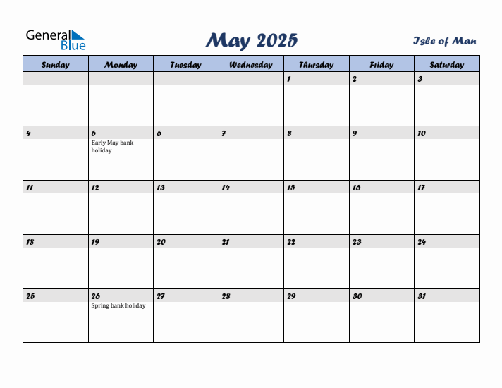 May 2025 Monthly Calendar Template with Holidays for Isle of Man