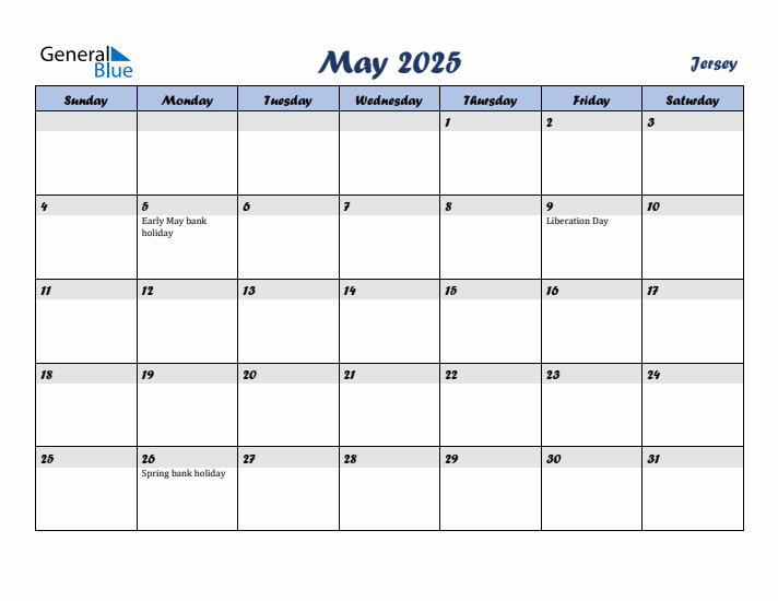 May 2025 Monthly Calendar Template with Holidays for Jersey