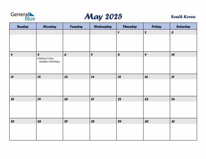 May 2025 Calendar with Holidays in South Korea