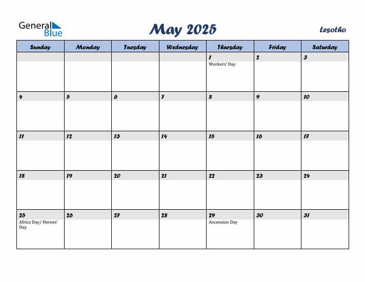 May 2025 Calendar with Holidays in Lesotho