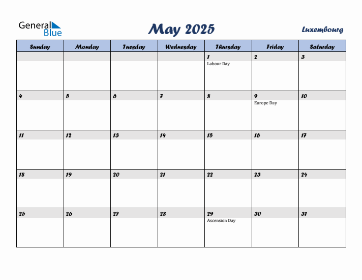 May 2025 Calendar with Holidays in Luxembourg