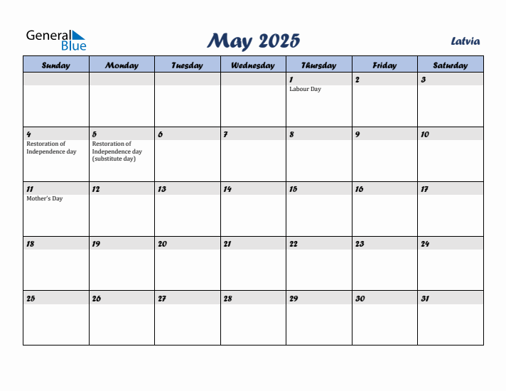 May 2025 Calendar with Holidays in Latvia