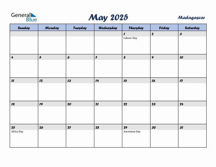 May 2025 Calendar with Holidays in Madagascar