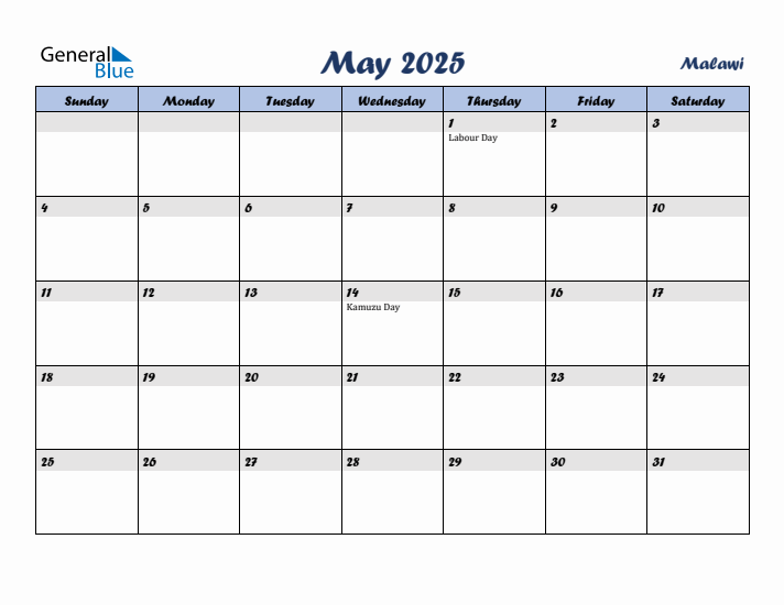 May 2025 Calendar with Holidays in Malawi