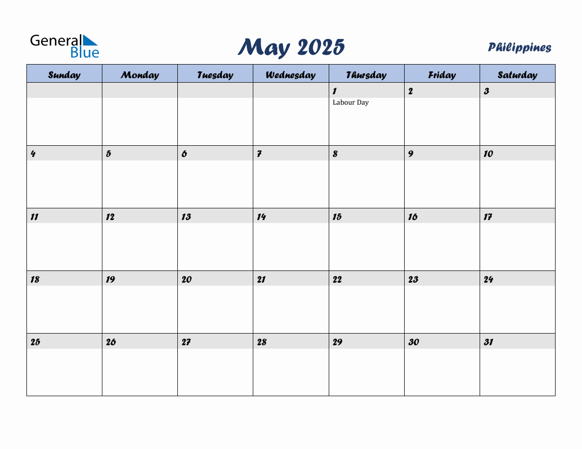 May 2025 Monthly Calendar Template with Holidays for Philippines