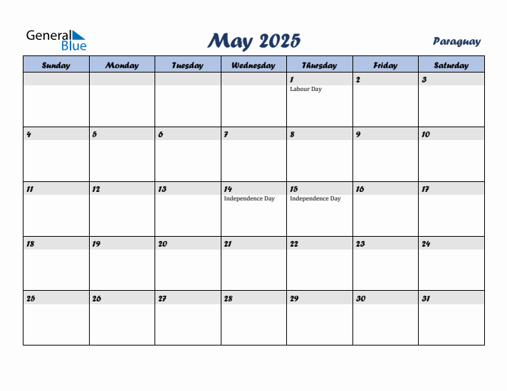 May 2025 Calendar with Holidays in Paraguay