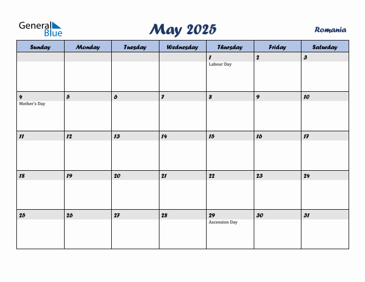 May 2025 Calendar with Holidays in Romania