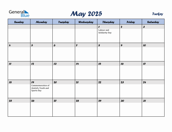 May 2025 Calendar with Holidays in Turkey