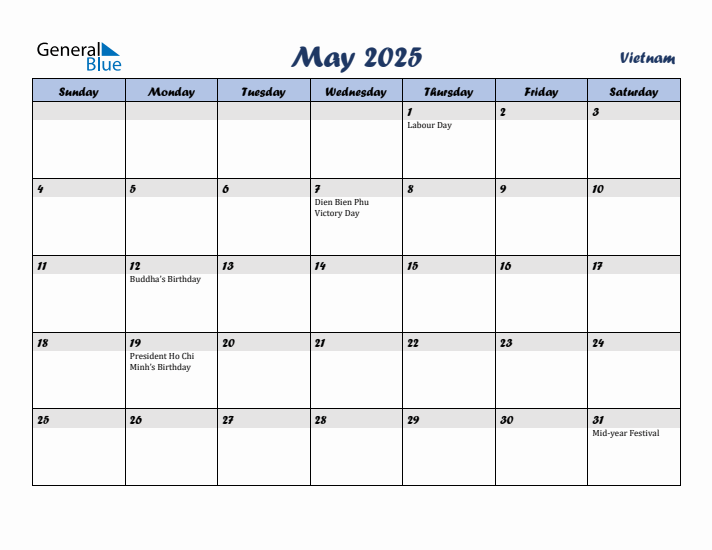 May 2025 Calendar with Holidays in Vietnam