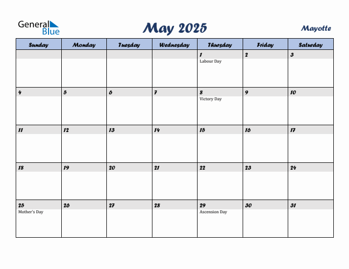 May 2025 Calendar with Holidays in Mayotte