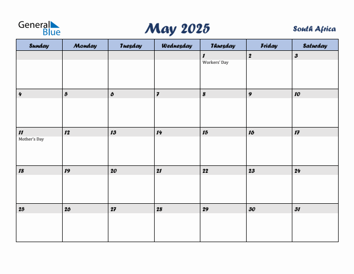 May 2025 Calendar with Holidays in South Africa