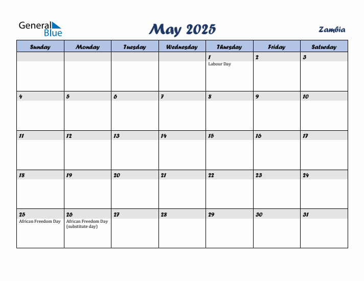 May 2025 Monthly Calendar with Zambia Holidays