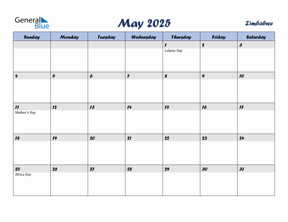 May 2025 Monthly Calendar Template with Holidays for Zimbabwe