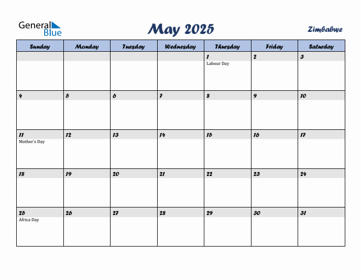May 2025 Calendar with Holidays in Zimbabwe