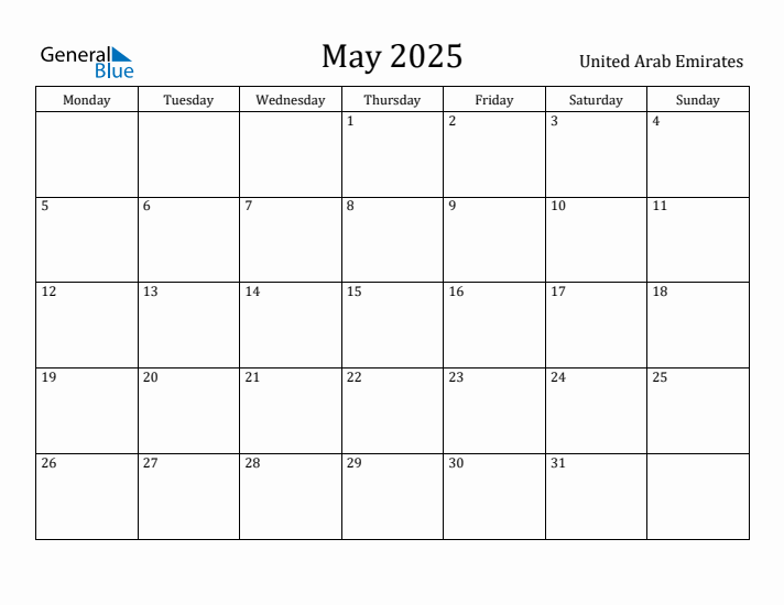 May 2025 Calendar United Arab Emirates
