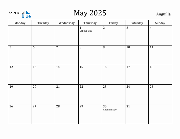 May 2025 Anguilla Monthly Calendar with Holidays