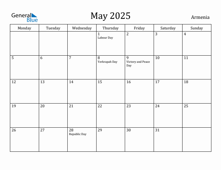 May 2025 Calendar Armenia