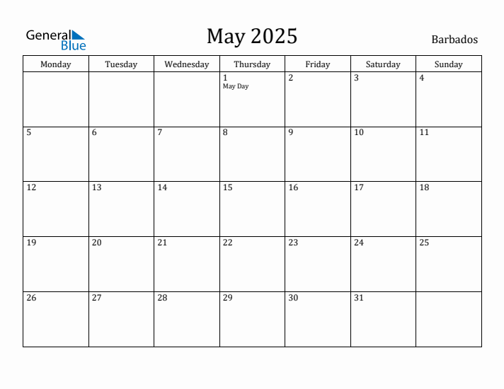 May 2025 Calendar Barbados