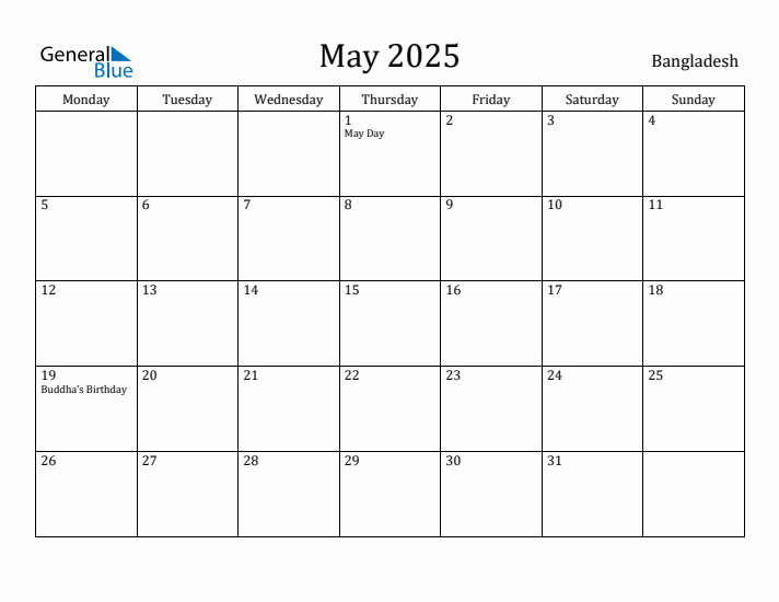 May 2025 Calendar Bangladesh