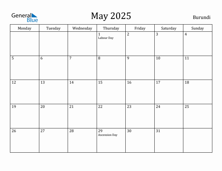 May 2025 Calendar Burundi