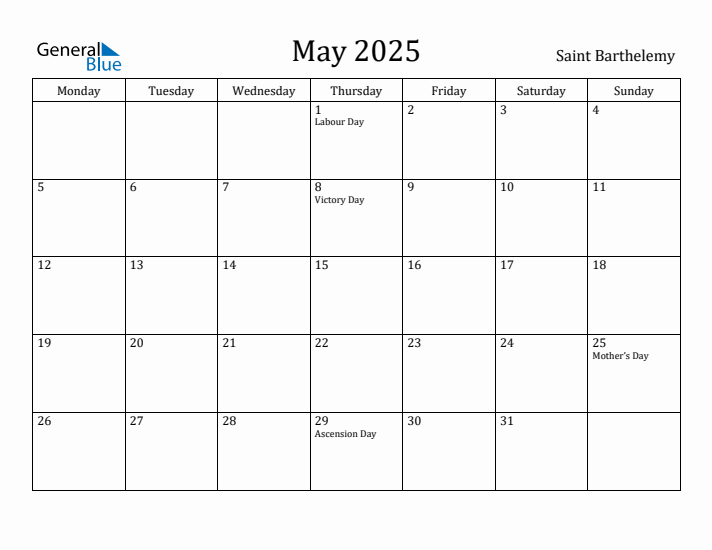 May 2025 Calendar Saint Barthelemy