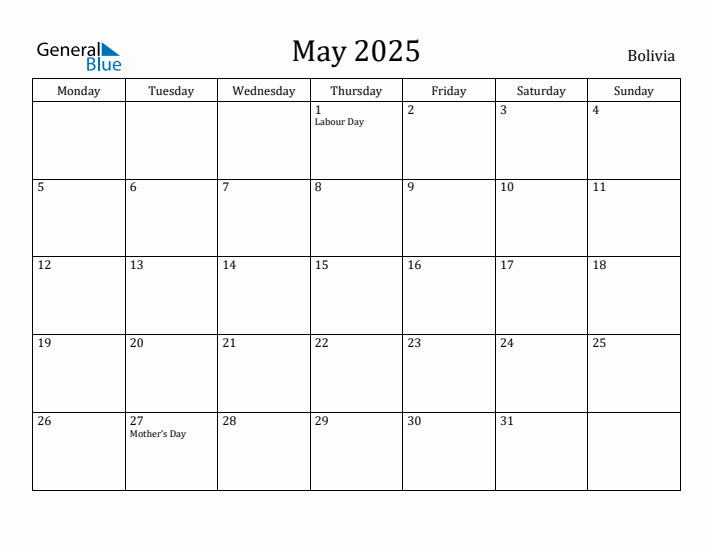 May 2025 Calendar Bolivia