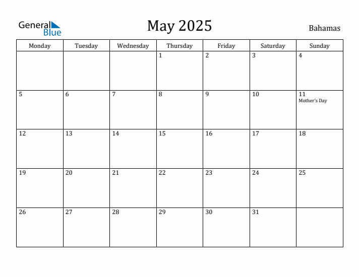 May 2025 Calendar Bahamas