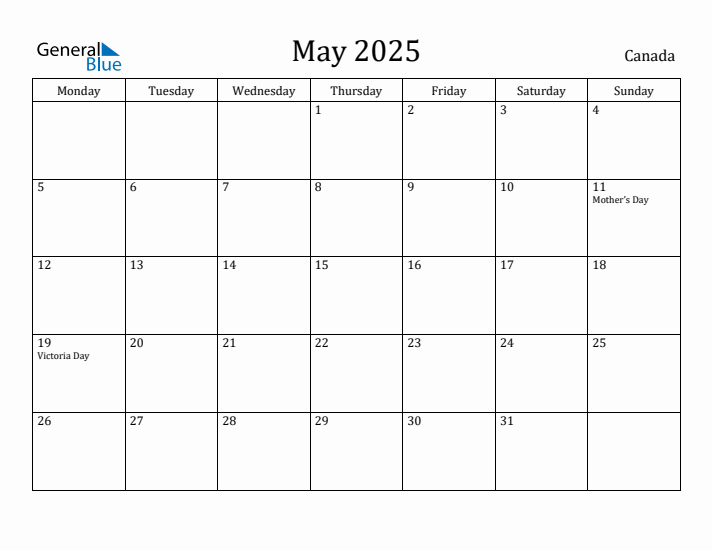 May 2025 Calendar Canada