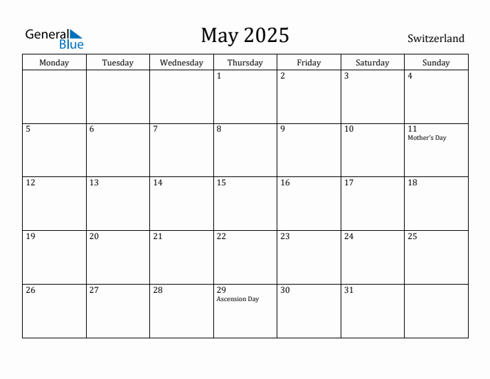 May 2025 Calendar Switzerland