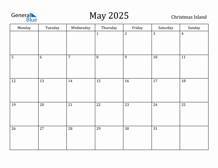 May 2025 Calendar Christmas Island