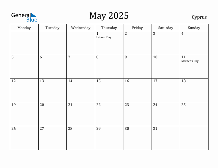 May 2025 Calendar Cyprus