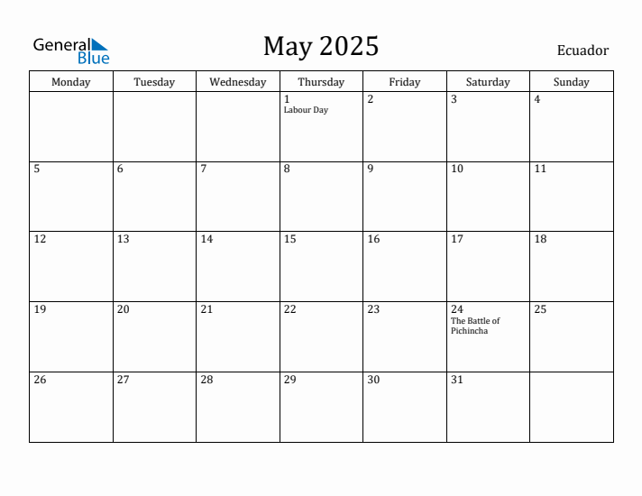 May 2025 Calendar Ecuador