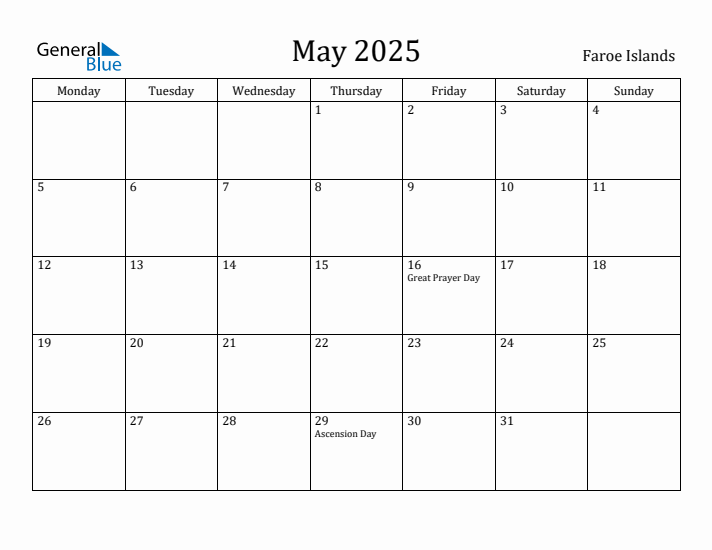 May 2025 Calendar Faroe Islands