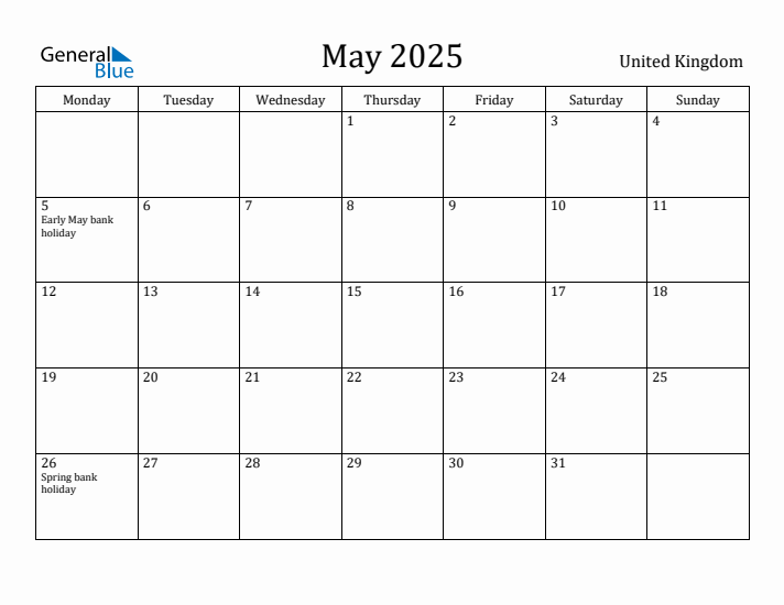 May 2025 Calendar United Kingdom