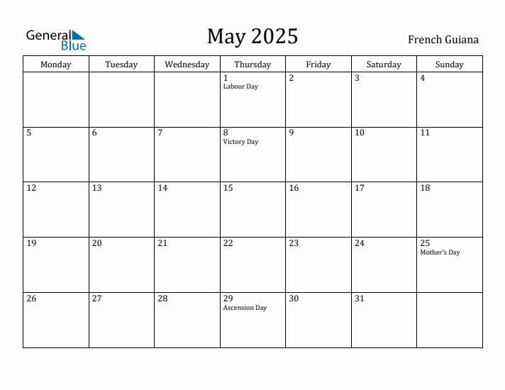 May 2025 Calendar French Guiana