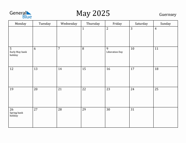 May 2025 Calendar Guernsey