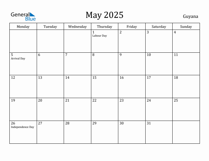 May 2025 Calendar Guyana