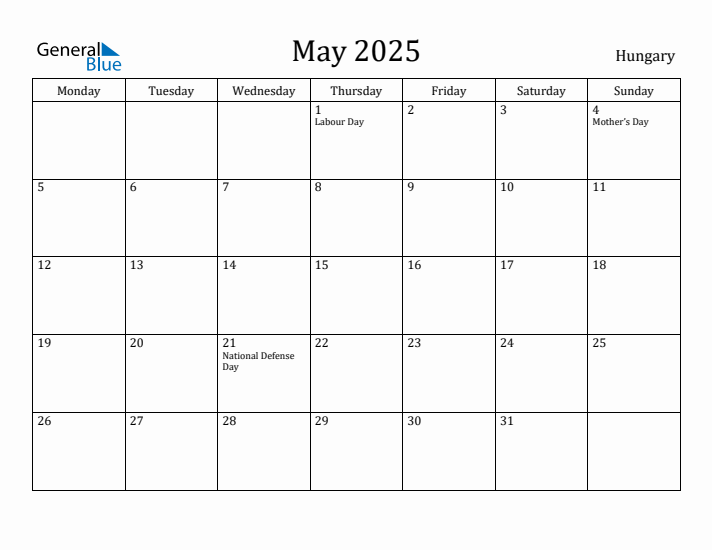 May 2025 Calendar Hungary