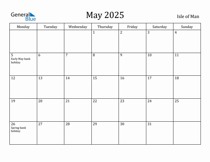 May 2025 Calendar Isle of Man