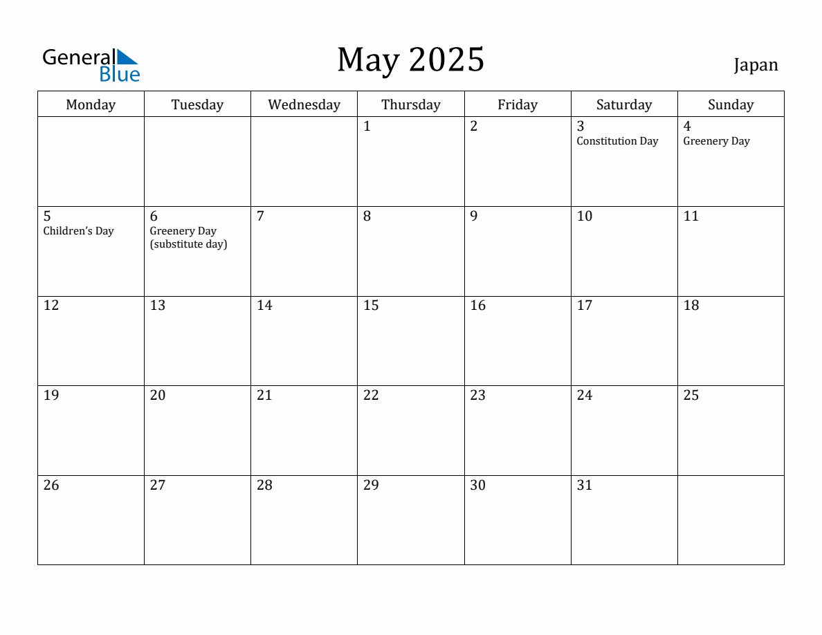 May 2025 Japan Monthly Calendar with Holidays