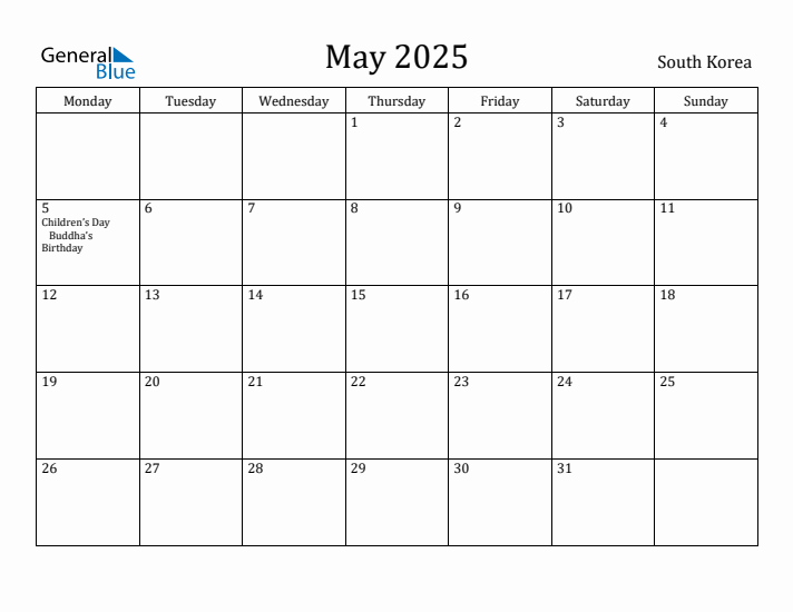 May 2025 Calendar South Korea