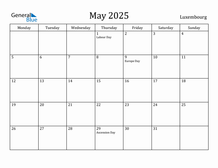May 2025 Calendar Luxembourg
