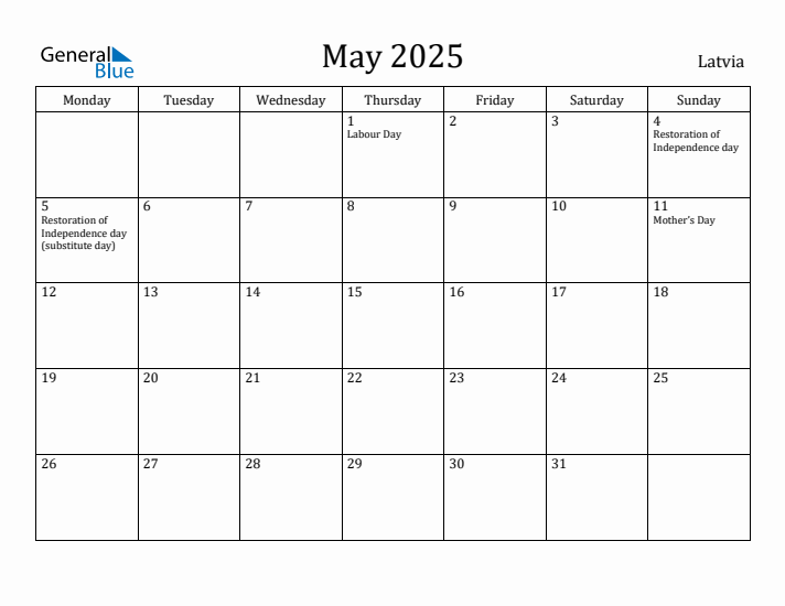 May 2025 Calendar Latvia